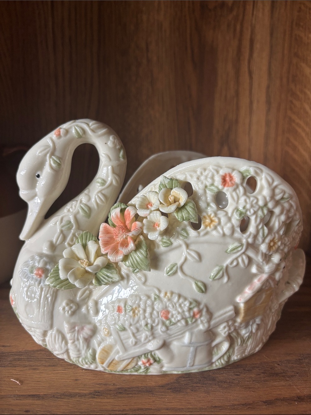 White Ceramic Swan Planter with Pastel Floral Accents